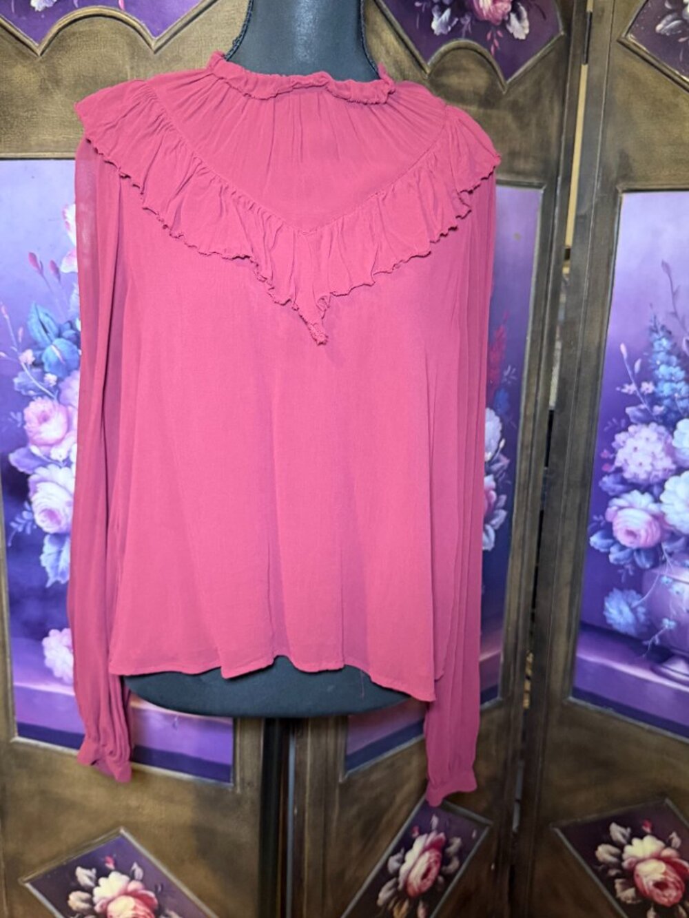 Joe's Womens S Burgundy Bordeaux Ruffle Blouse Romantic Long Sleeve Boho Top